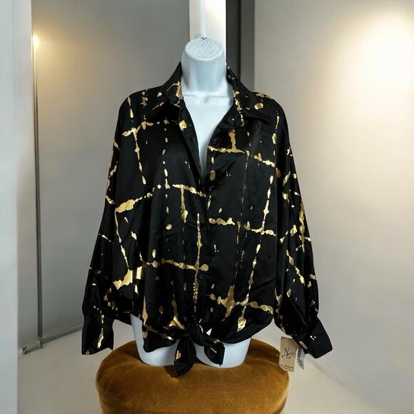 New Collection Black Gold Oversized Blouse Dolman Sleeve Button Front One Size - Picture 2 of 8